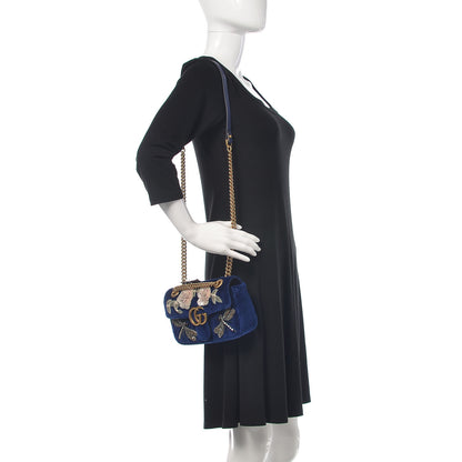 Gucci Velvet Matelasse Embroidered Mini GG Marmont Shoulder Bag Cobalt Blue 2 of 9