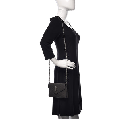 Saint Laurent Grain De Poudre Matelasse Chevron Monogram Envelope Chain Wallet Coal 2 of 11