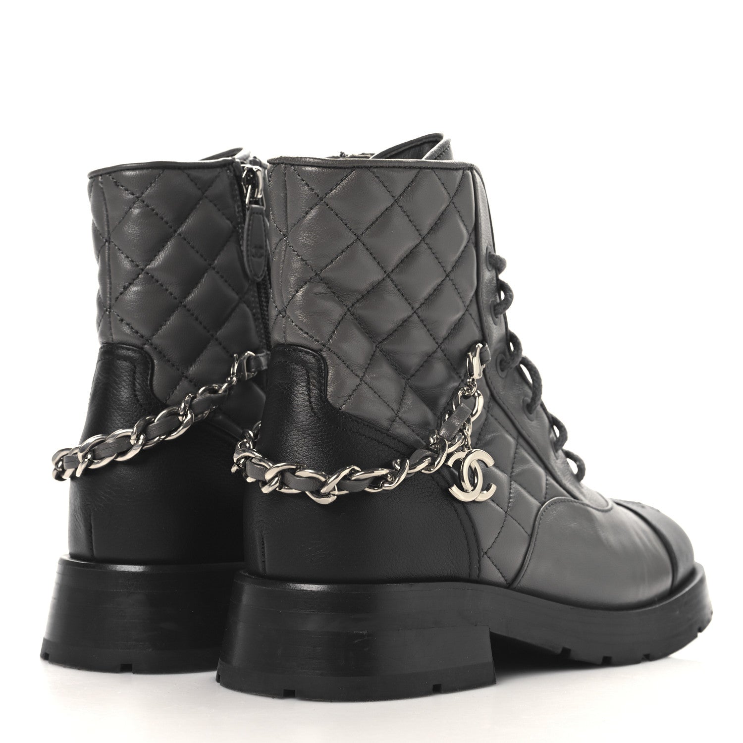 Chanel Calfskin Quilted Chain Lace Up Combat Boots 36.5 Grey Black 5 of 8