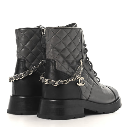 Chanel Calfskin Quilted Chain Lace Up Combat Boots 36.5 Grey Black 5 of 8