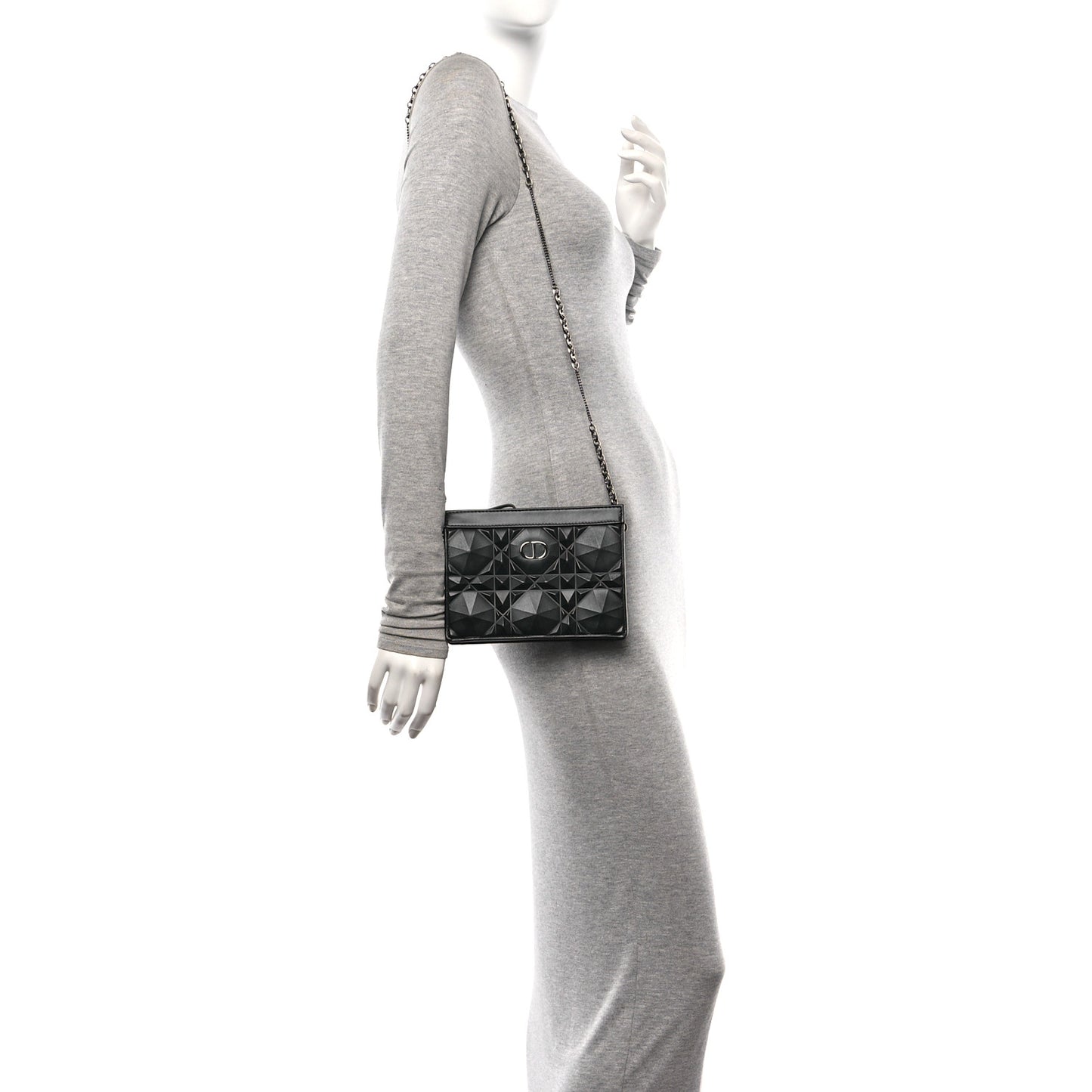 Calfskin Macrocannage Diamond Caro Zipped Pouch With Chain Black