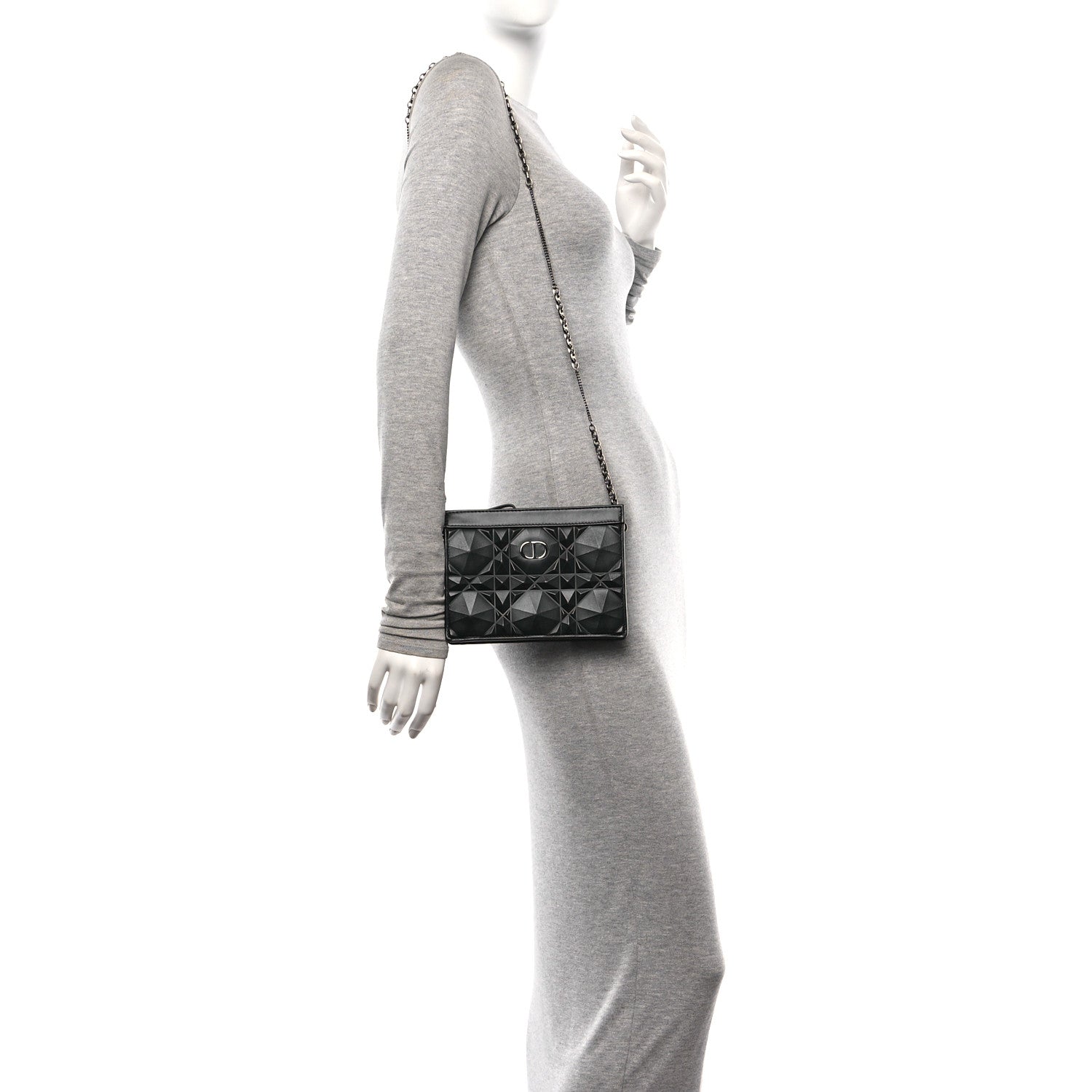 Christian Dior Calfskin Macrocannage Diamond Caro Zipped Pouch With Chain Black 2 of 10