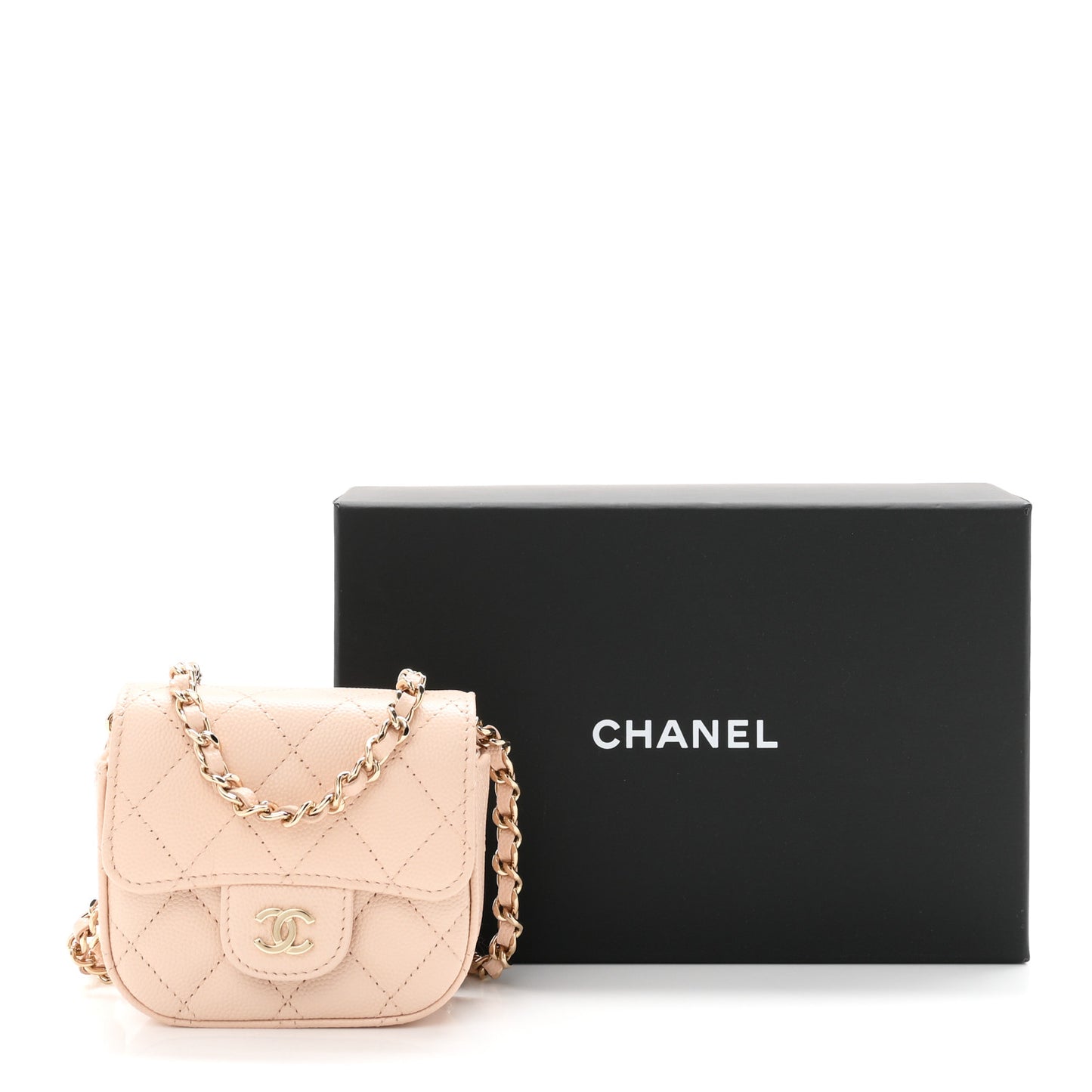 Caviar Quilted Mini Clutch With Chain Light Beige