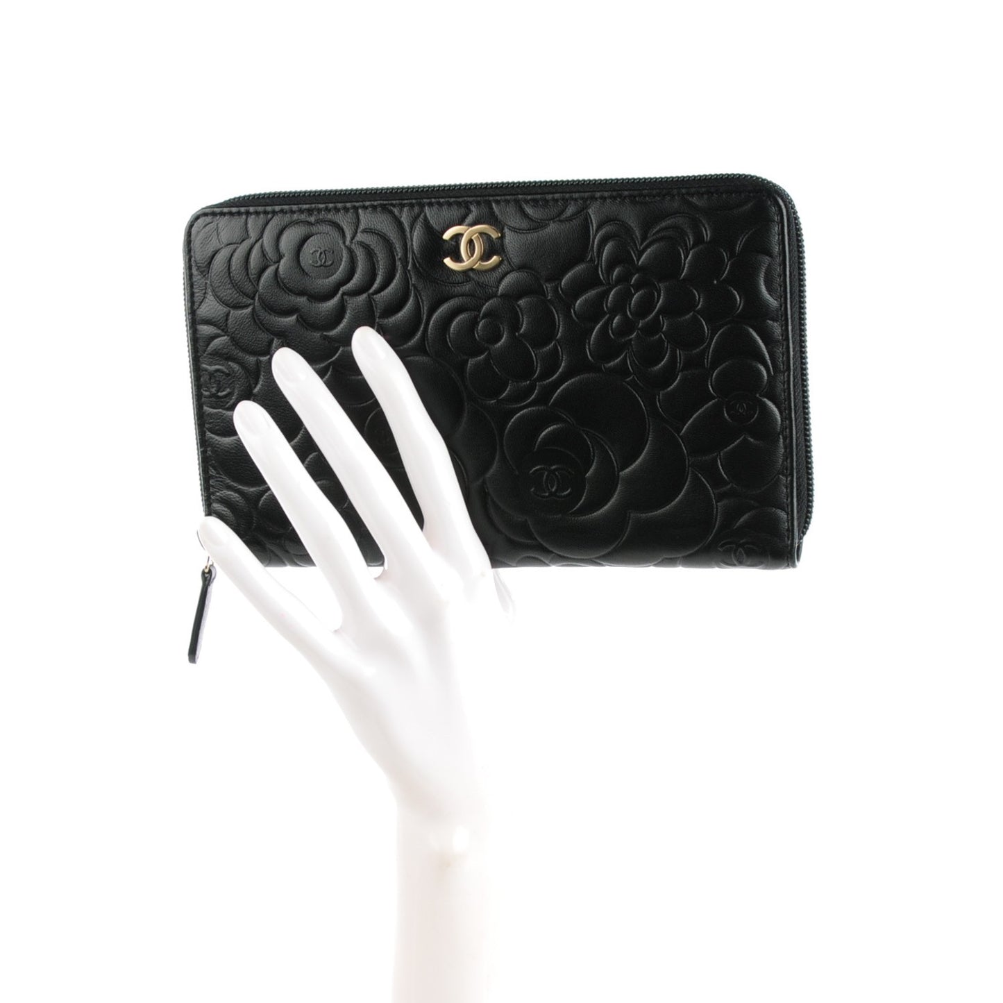 Lambskin Camellia Embossed Large Zip Around Gusset Wallet Black
