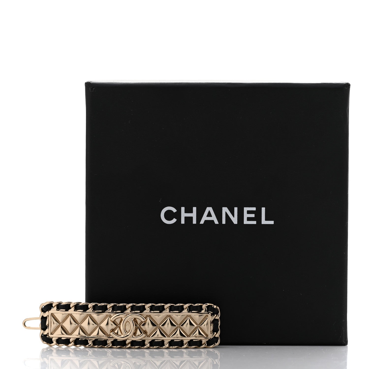 Chanel Metal Lambskin Quilted CC Hair Clip Barrette Black Gold 4 of 4