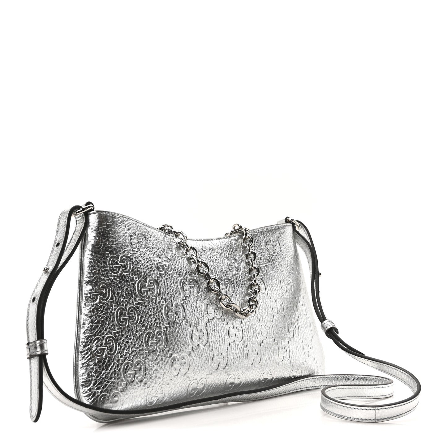 Metallic GG Grainy Calfskin Emblem Medium Shoulder Bag Silver