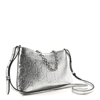 Gucci Metallic GG Grainy Calfskin Emblem Medium Shoulder Bag Silver 3 of 10