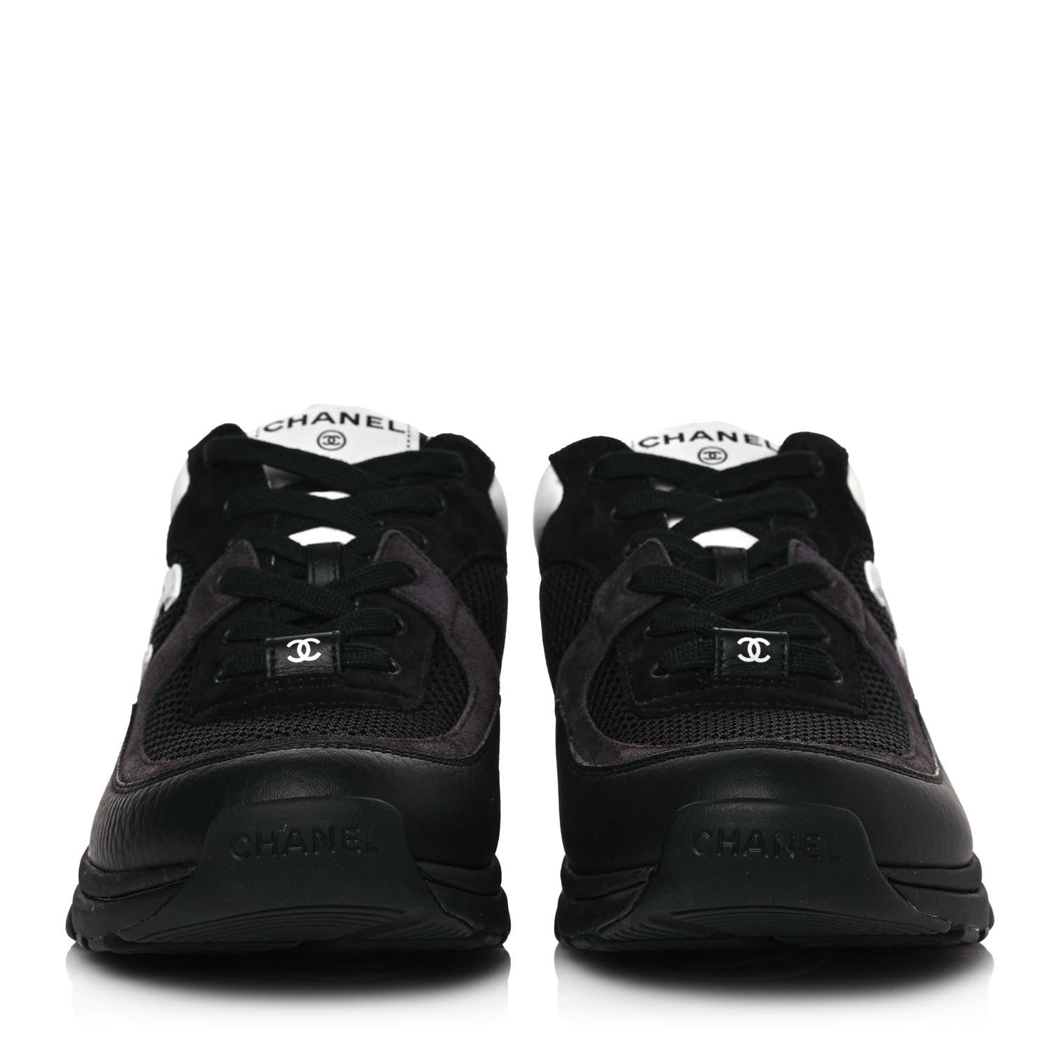 Chanel Mesh Suede Grained Calfskin Womens CC Sneakers 39.5 Black White 2 of 8