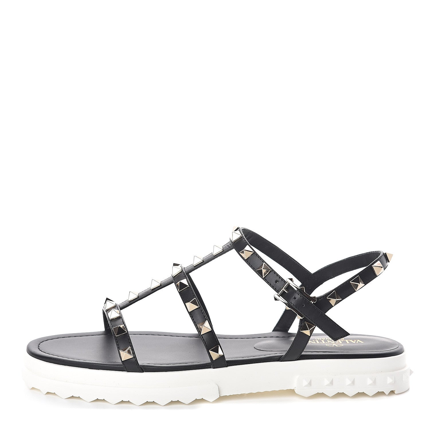 Valentino Garavani Calfskin Bedrock Rockstud Ankle Flat Sandals 39 Black 1 of 7