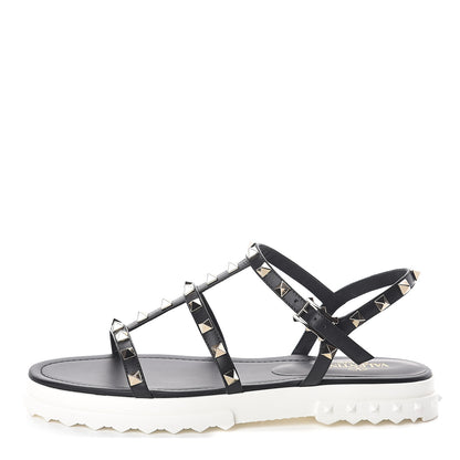 Valentino Garavani Calfskin Bedrock Rockstud Ankle Flat Sandals 39 Black 1 of 7