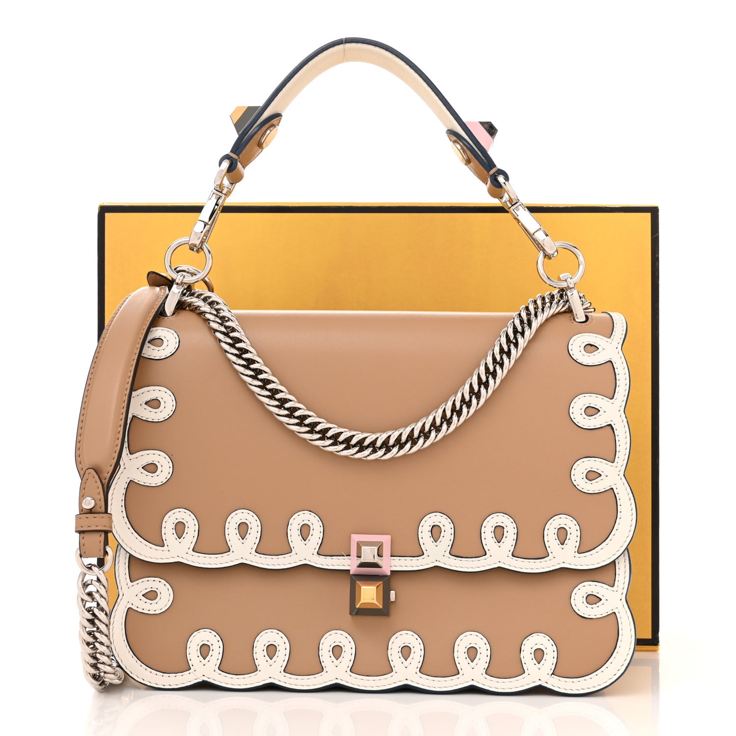 Vitello Liberty Dolce Scalloped Studded Scrollwork Kan I Shoulder Bag Cuoio White