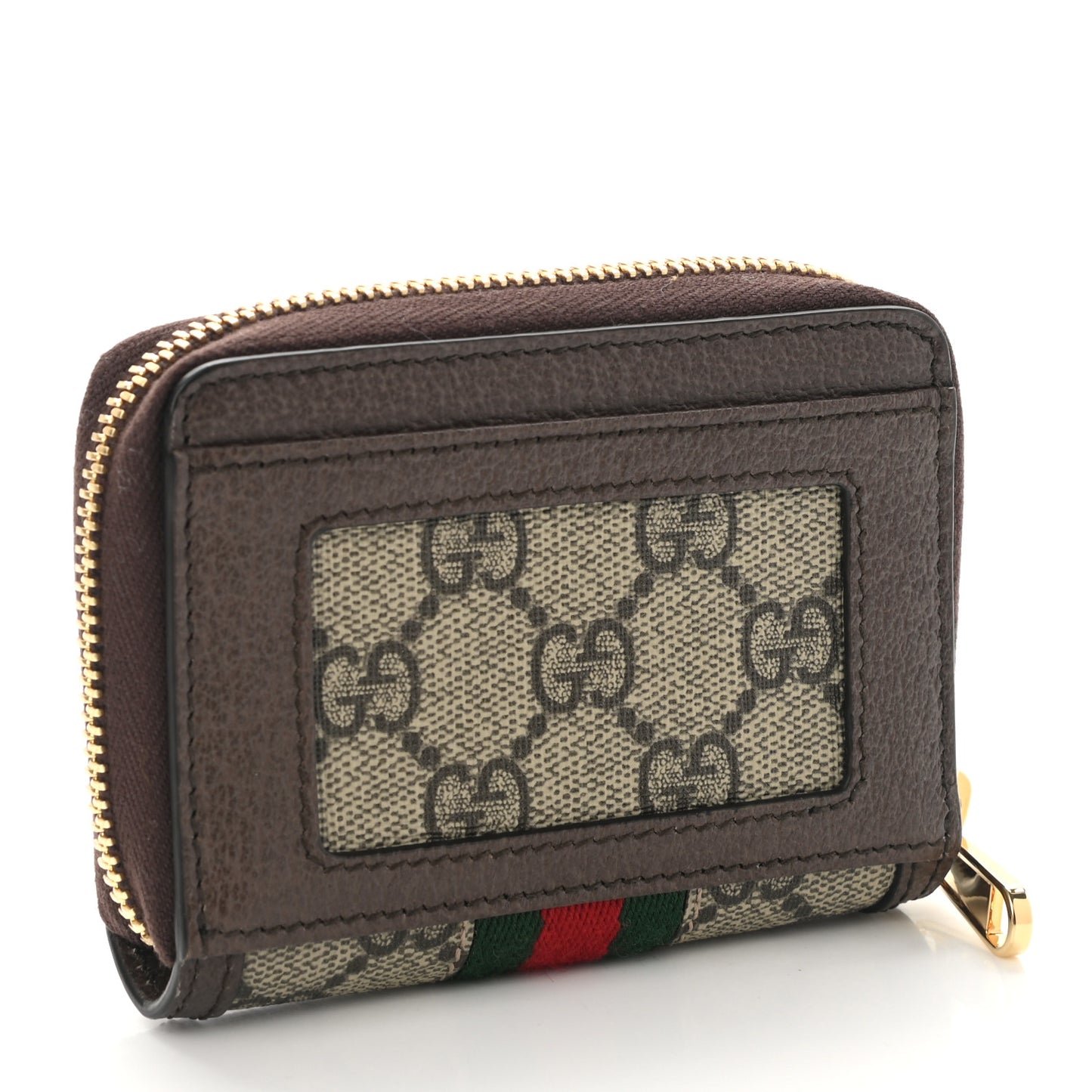 GG Supreme Monogram Textured Dollar Calfskin Web Ophidia Zip Around Card Case Wallet Beige Ebony New Acero