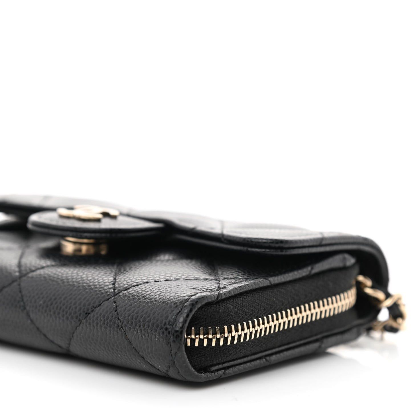 Caviar Quilted Flap Zip Card Holder On Chain Black