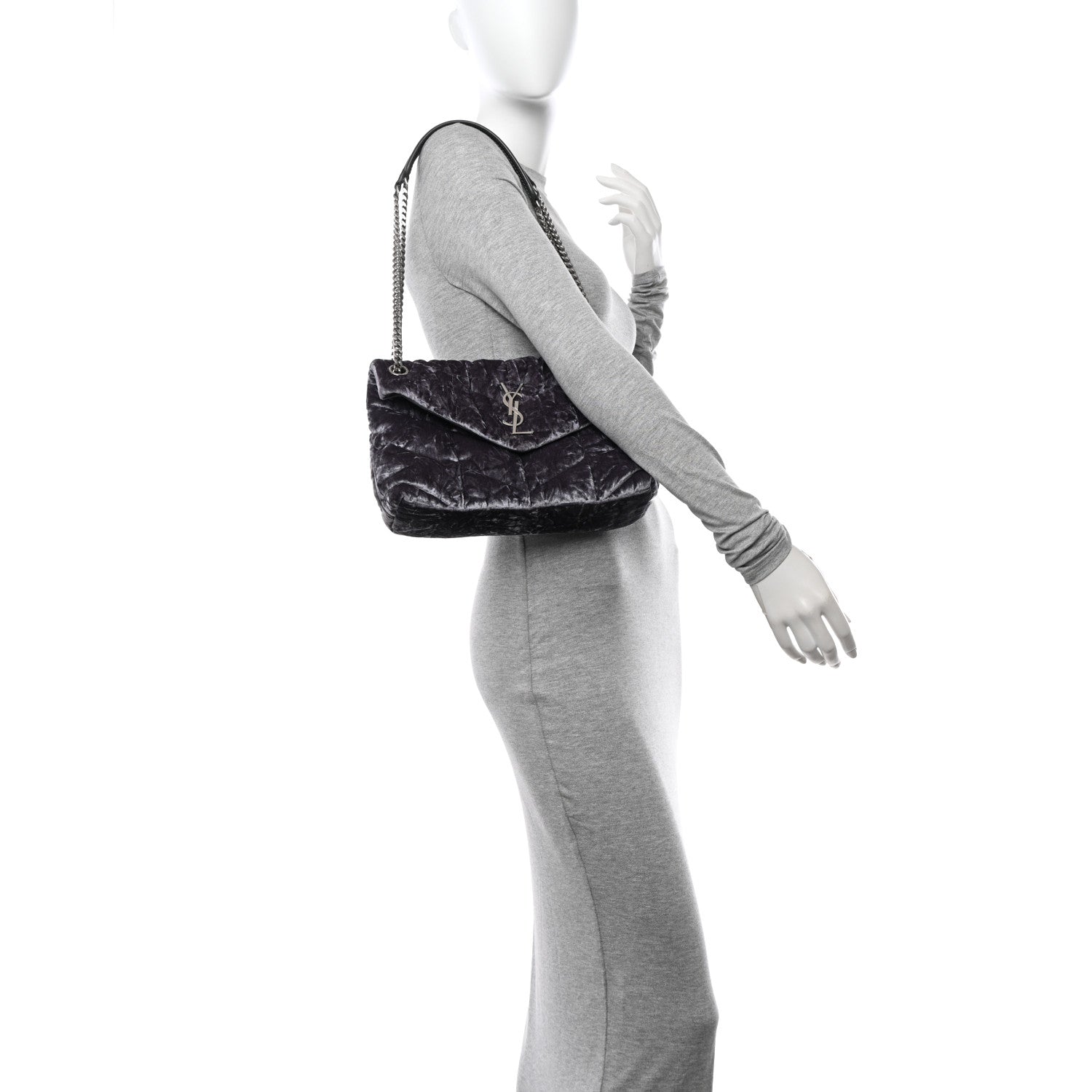 Saint Laurent Crushed Velvet Quilted Small Loulou Puffer Monogram Chain Satchel Cloud Grey 3 of 10