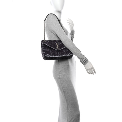 Saint Laurent Crushed Velvet Quilted Small Loulou Puffer Monogram Chain Satchel Cloud Grey 3 of 10