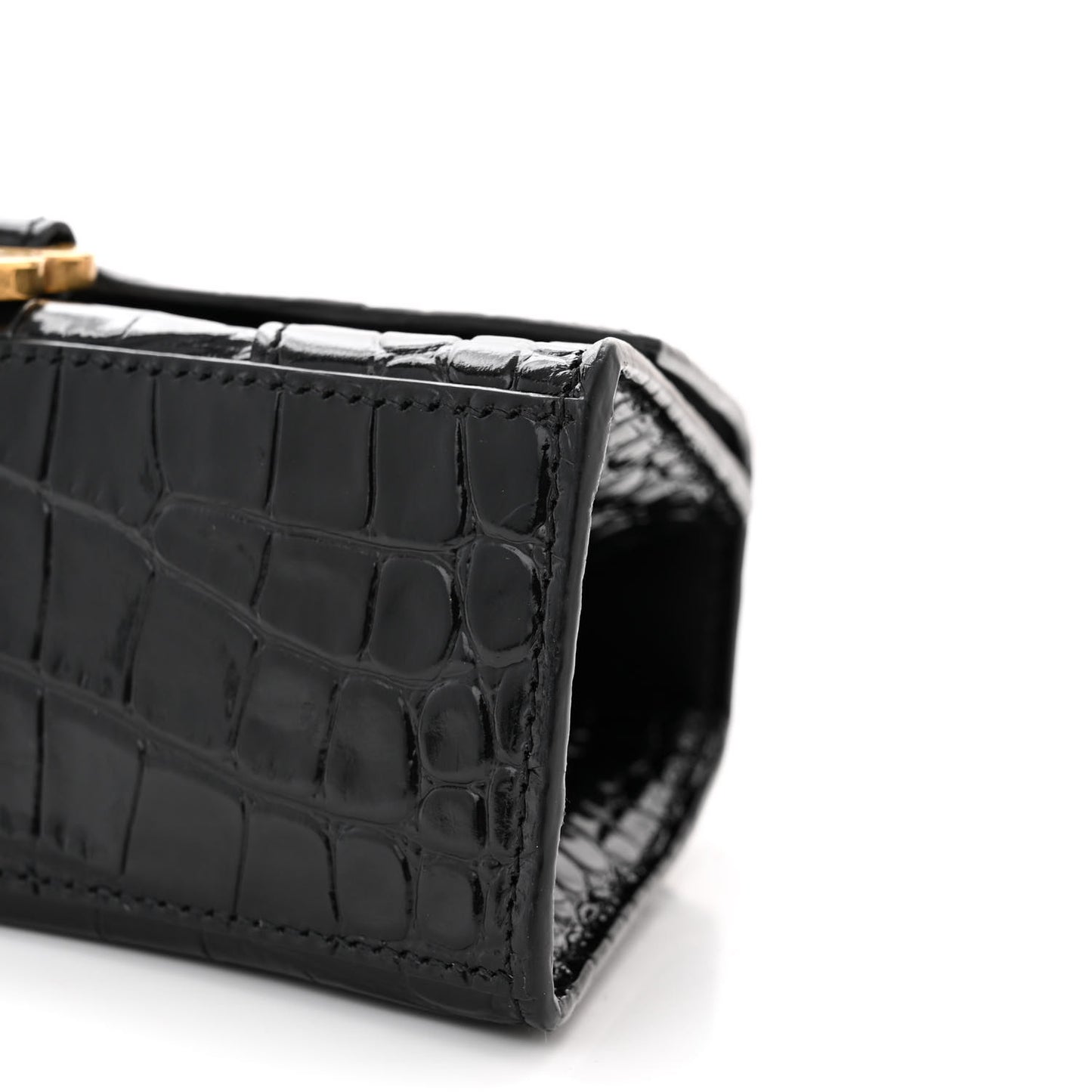 Shiny Calfskin Crocodile Embossed Hourglass Top Handle Bag XS Black