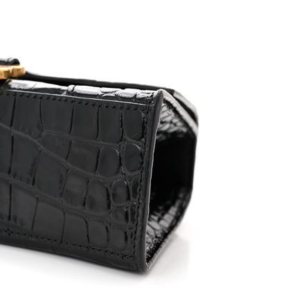 Balenciaga Shiny Calfskin Crocodile Embossed Hourglass Top Handle Bag XS Black 11 of 12