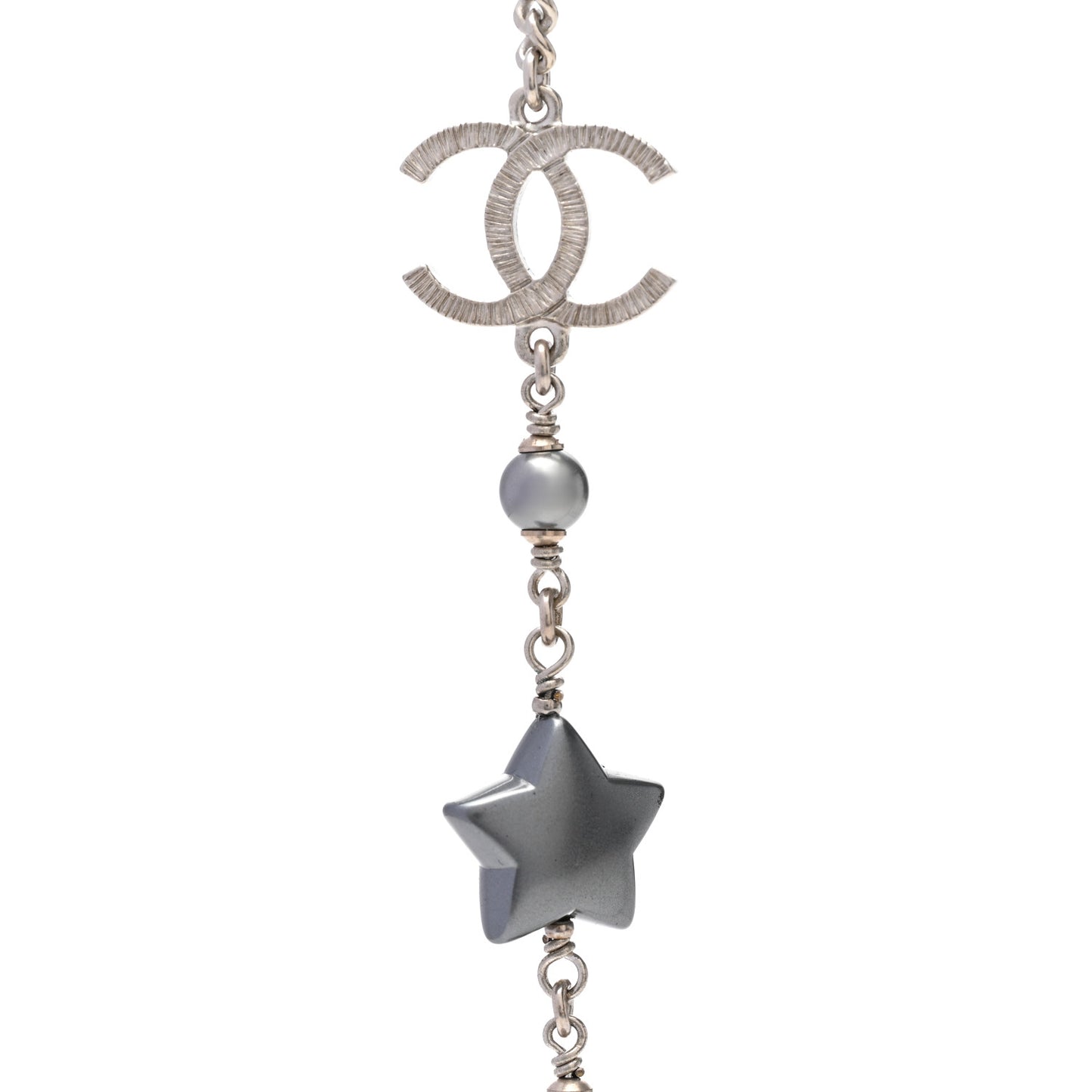 Resin Pearl Star CC Necklace Grey Silver