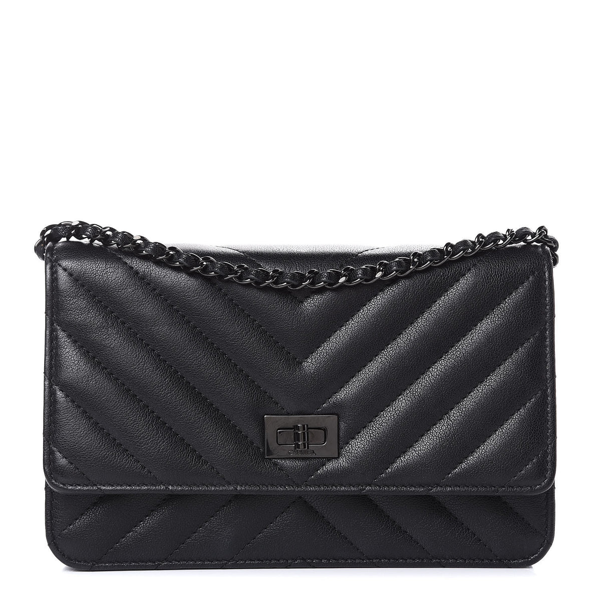 Chanel Sheepskin Chevron Reissue Wallet On Chain WOC So Black 1 of 11