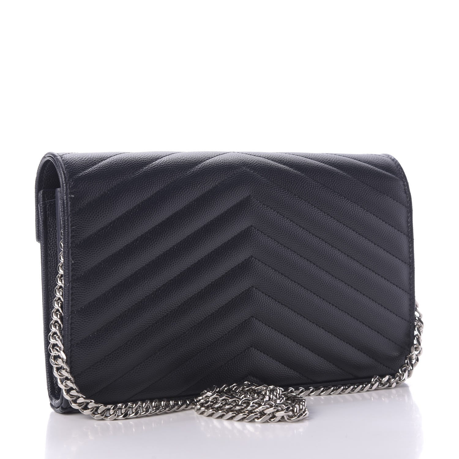 Saint Laurent Grain De Poudre Matelasse Chevron Monogram Chain Wallet Deep Marine 3 of 7