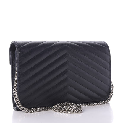 Saint Laurent Grain De Poudre Matelasse Chevron Monogram Chain Wallet Deep Marine 3 of 7