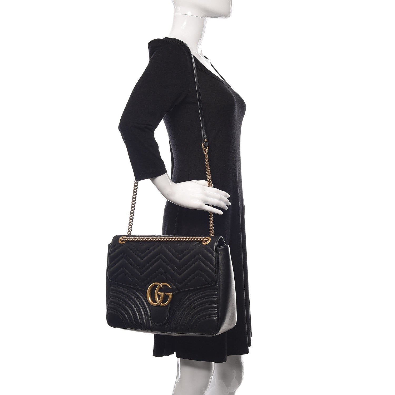 Gucci Calfskin Matelasse Large GG Marmont Shoulder Bag Black 2 of 14