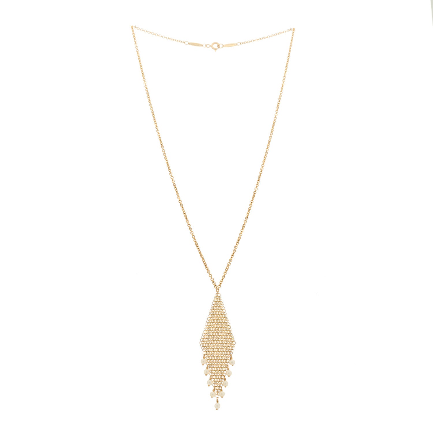 Tiffany 18K Yellow Gold Cultured Pearl Elsa Peretti Mesh Fringe Pendant Necklace 3 of 5