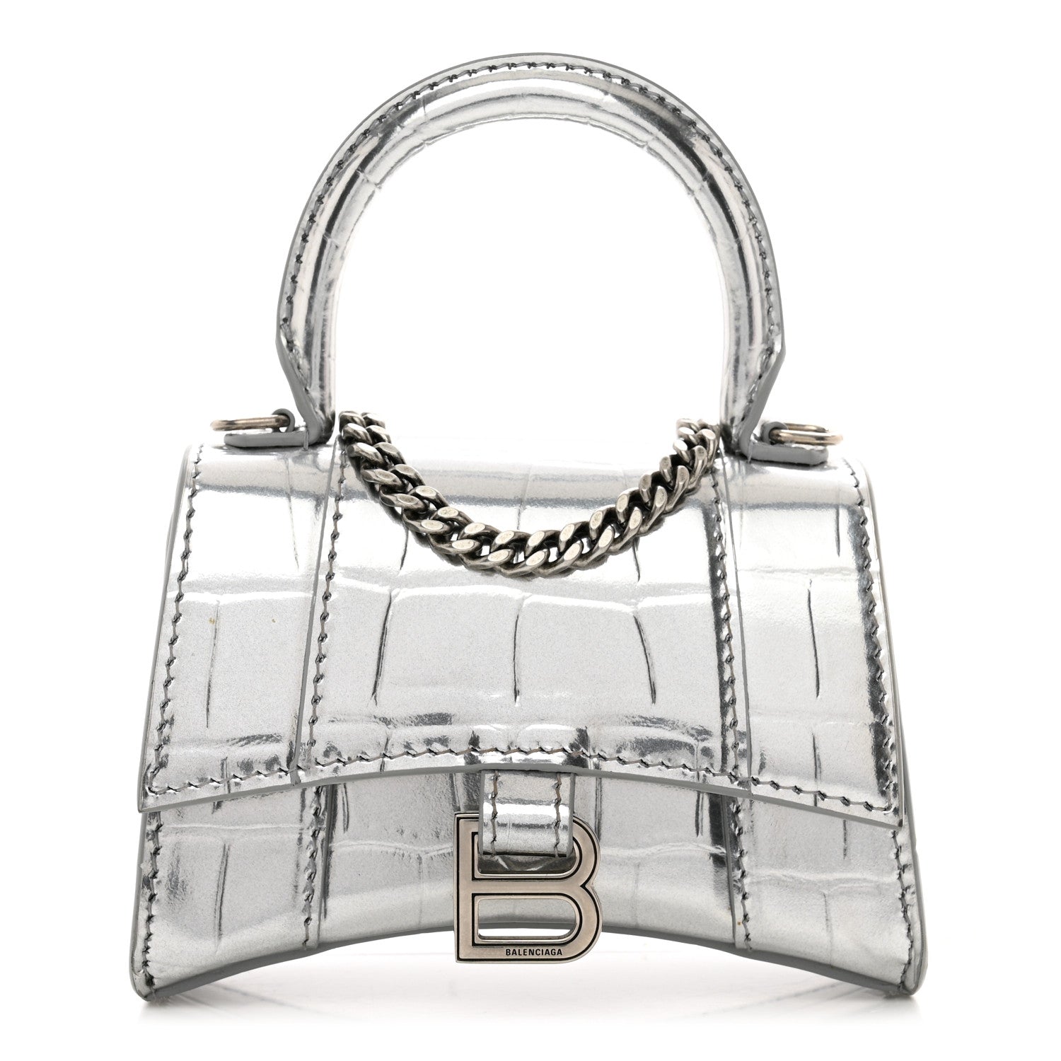 Balenciaga Metallic Calfskin Crocodile Embossed Hourglass Top Handle Bag Mini with Chain Silver 1 of 10