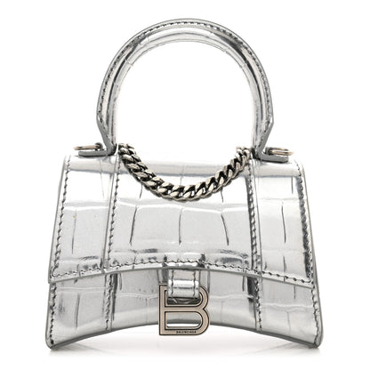 Balenciaga Metallic Calfskin Crocodile Embossed Hourglass Top Handle Bag Mini with Chain Silver 1 of 10
