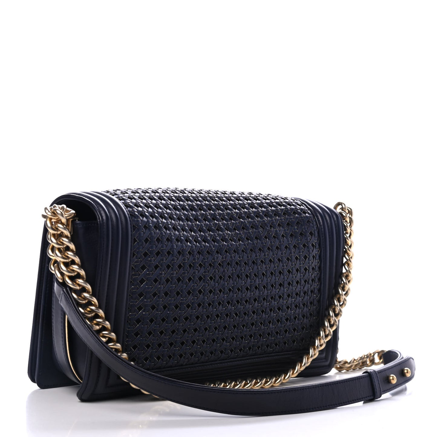 Lambskin Braided Woven Medium Boy Flap Navy Black