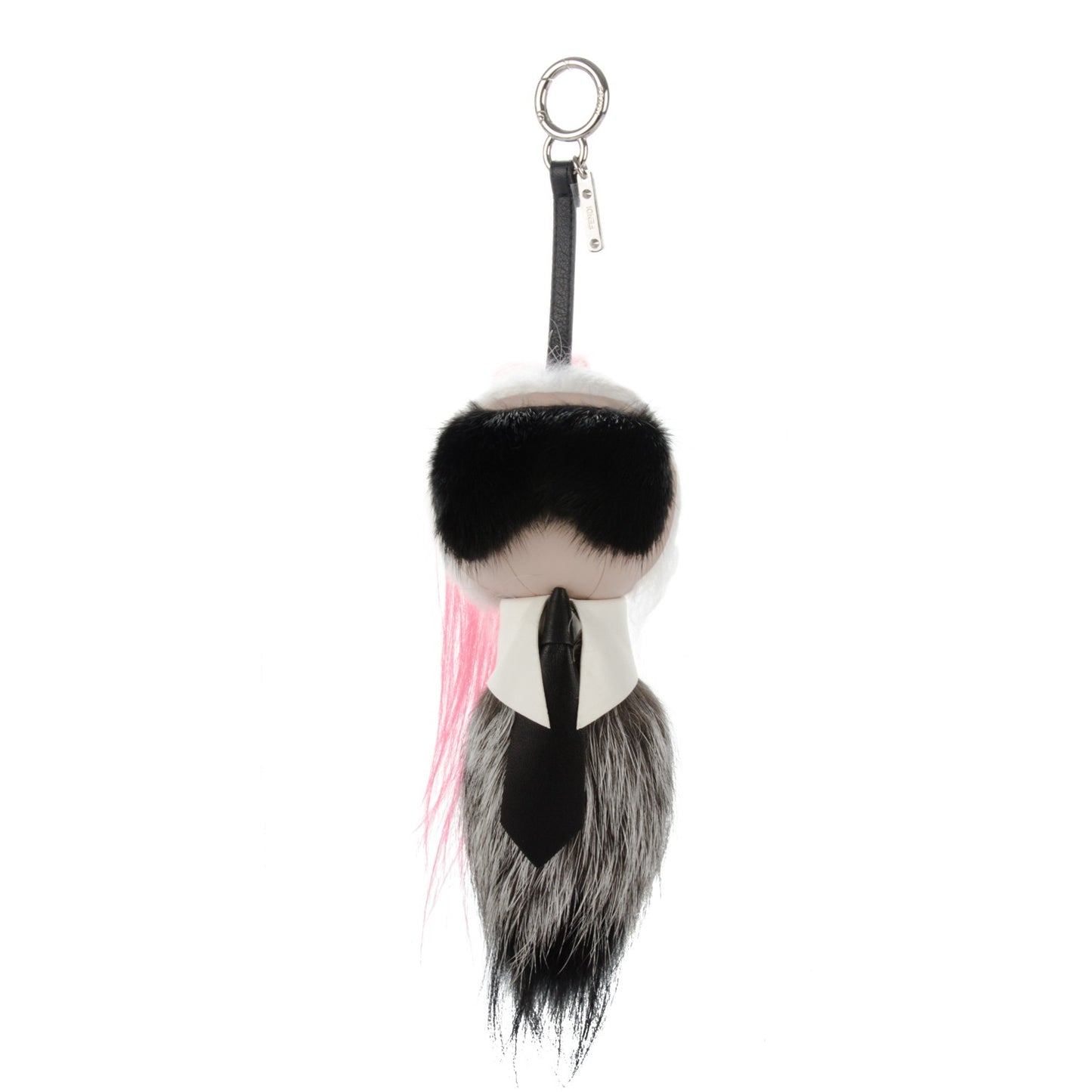 Fox Mink Goat Fur Nappa Karlito Bag Charm Black White Rosa