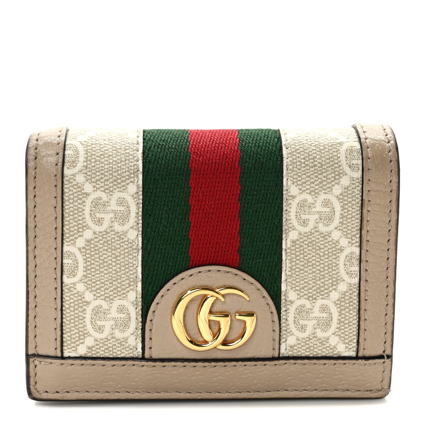GG Supreme Monogram Textured Dollar Calfskin Web Ophidia Card Case Beige Mystic White Oatmeal