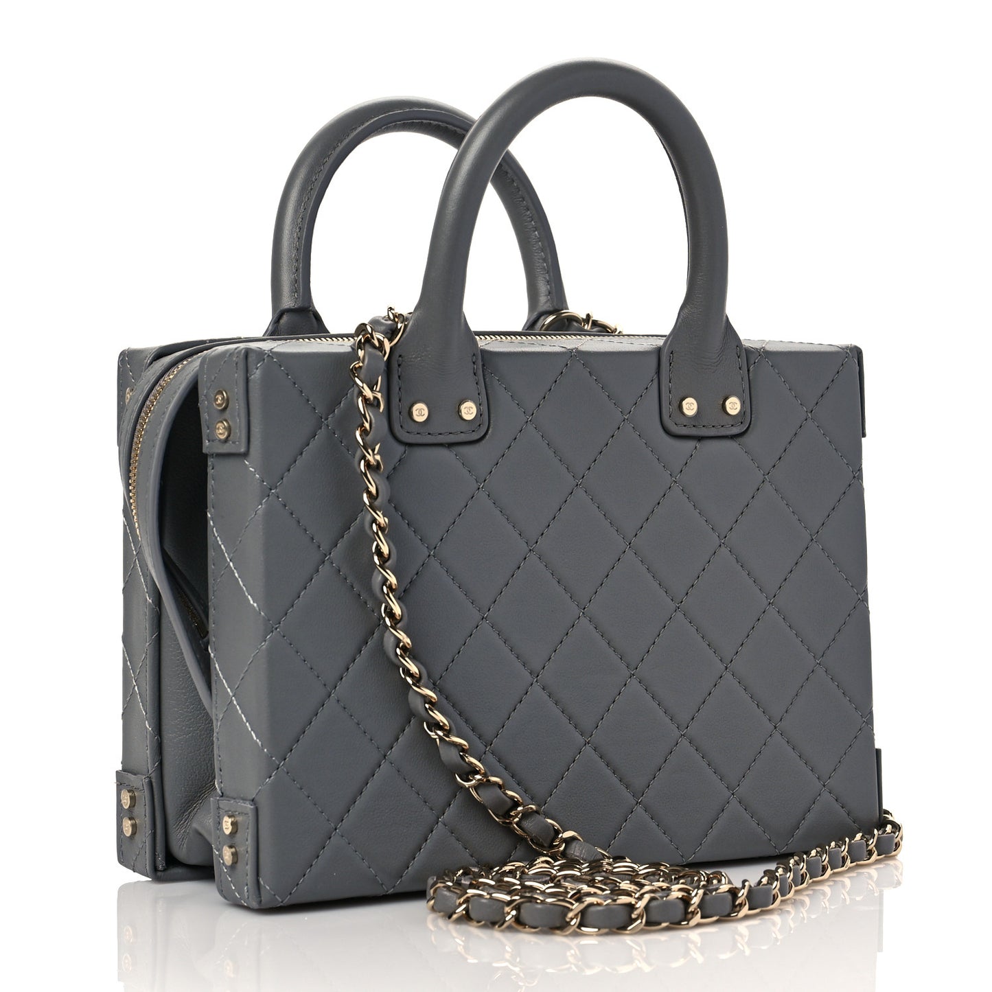 Calfskin Quilted Studded Square Vanity Case Grey