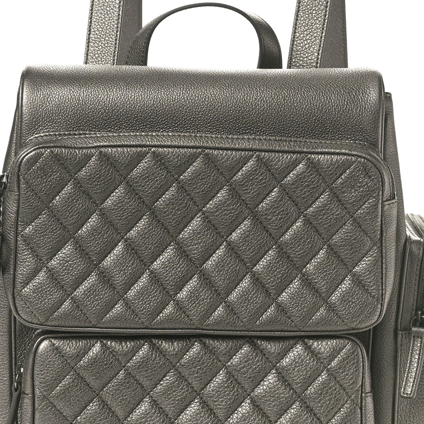 Metallic Grained Calfskin Quilted Large Casual Rock Backpack Charcoal
