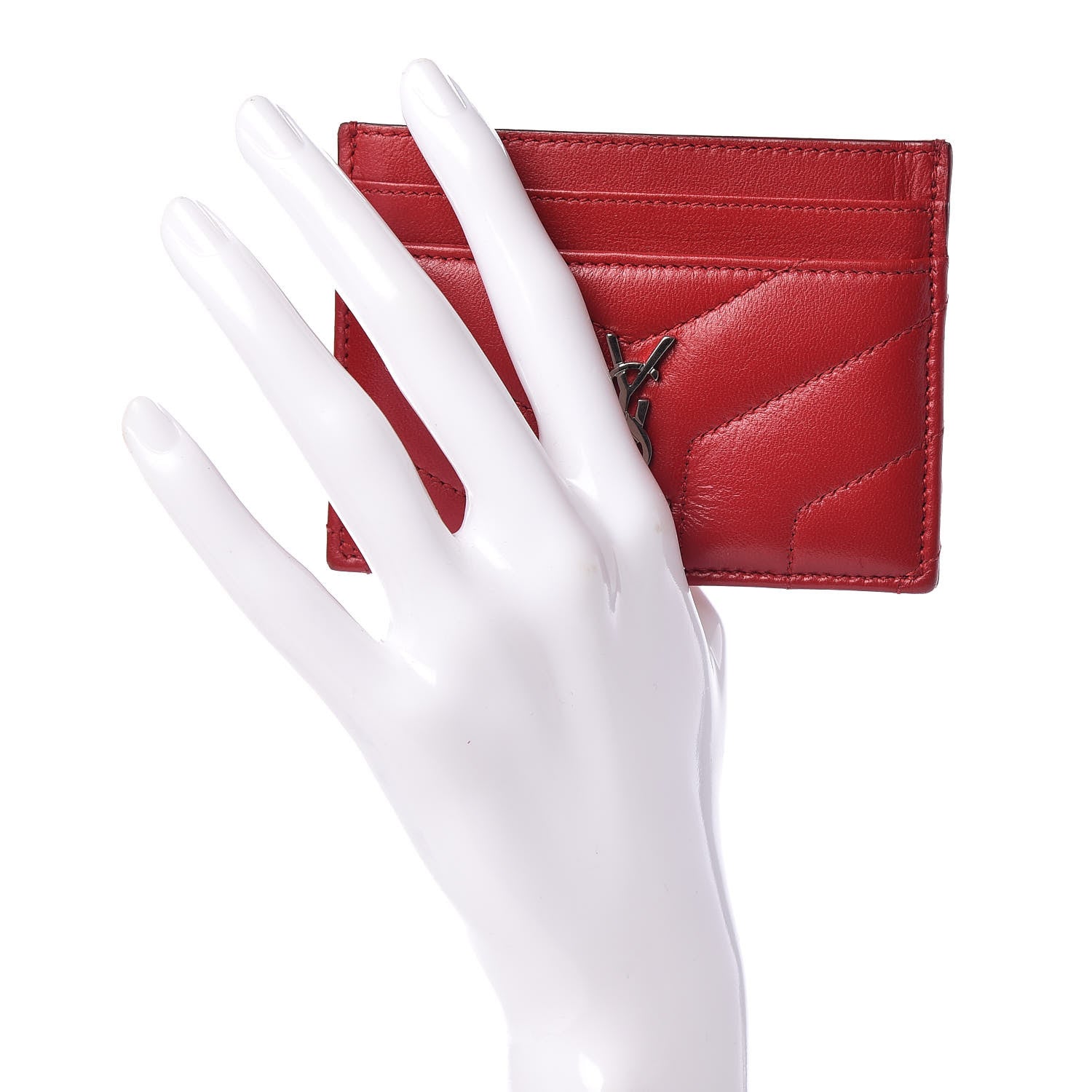 Saint Laurent Calfskin Y Quilted Monogram LouLou Credit Card Case Red 2 of 10