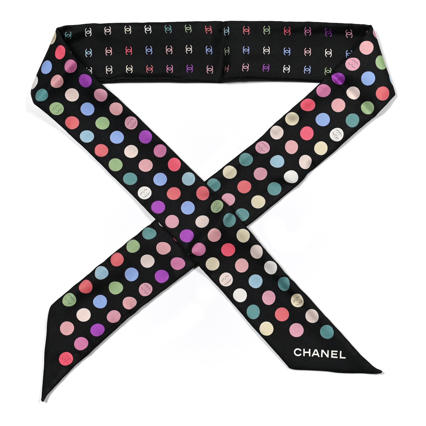 Silk Polka Dot CC Slim Bandeau Scarf Black Multicolor