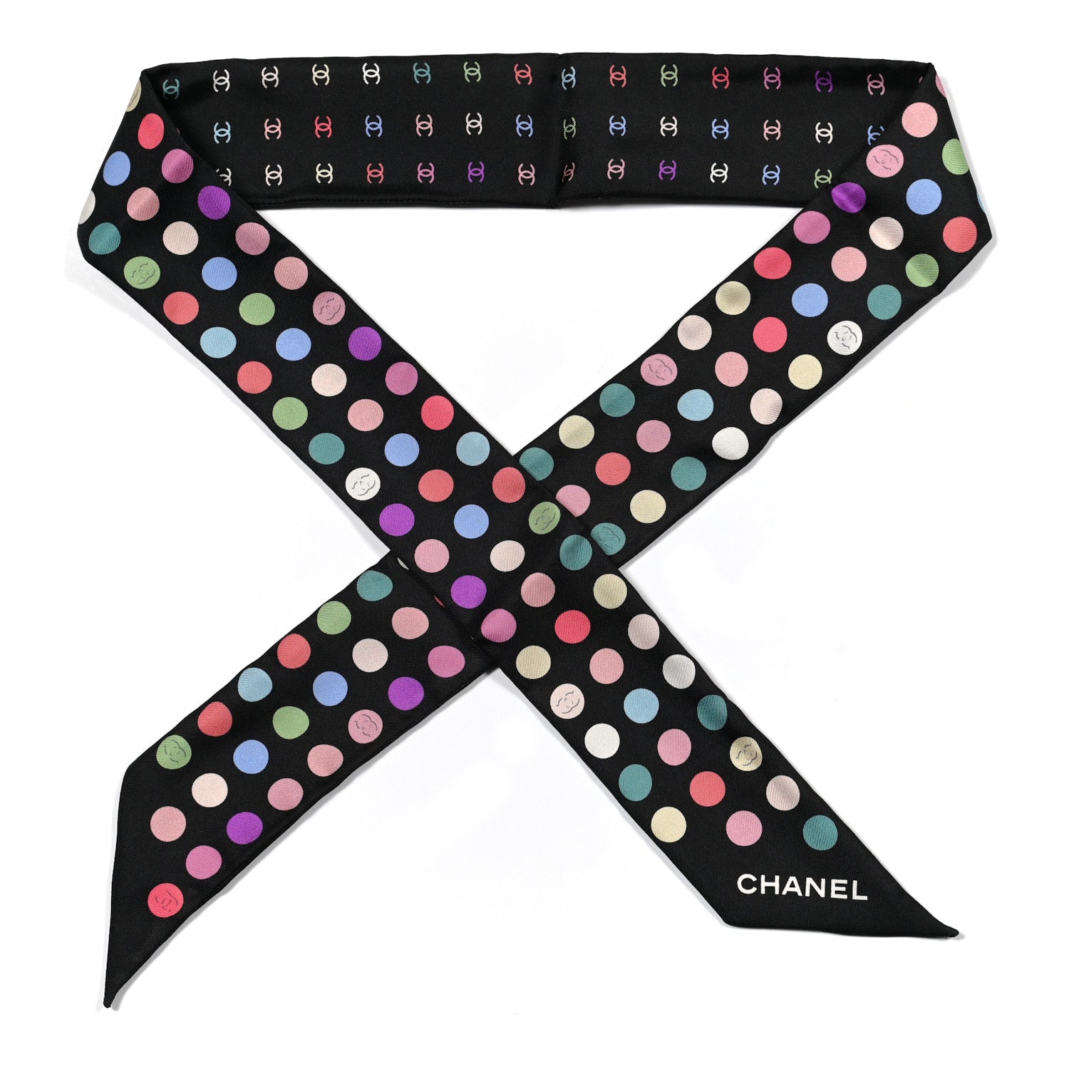 Chanel Silk Polka Dot CC Slim Bandeau Scarf Black Multicolor 1 of 3