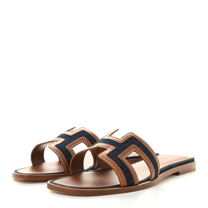 Hermes Calfskin Denim Oran Sandals 38 Bleu Brut Gold 3 of 8