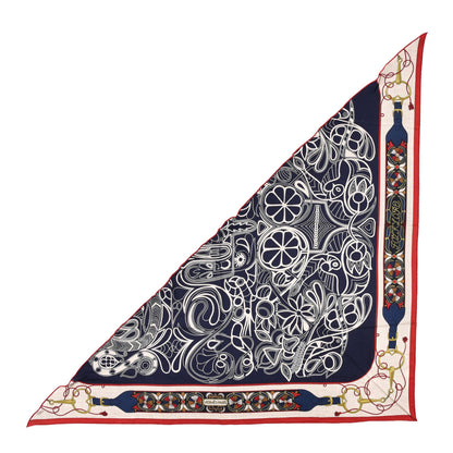 Hermes Cashmere Silk Folklore d'Henri d'Origny Giant Pointe Triangle Shawl Marine Naturel Rouge 1 of 6