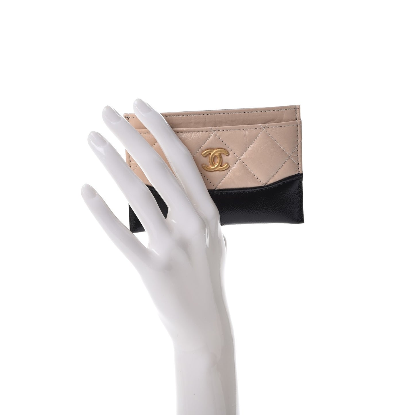 Aged Calfskin Quilted Gabrielle Card Holder Wallet Beige Black