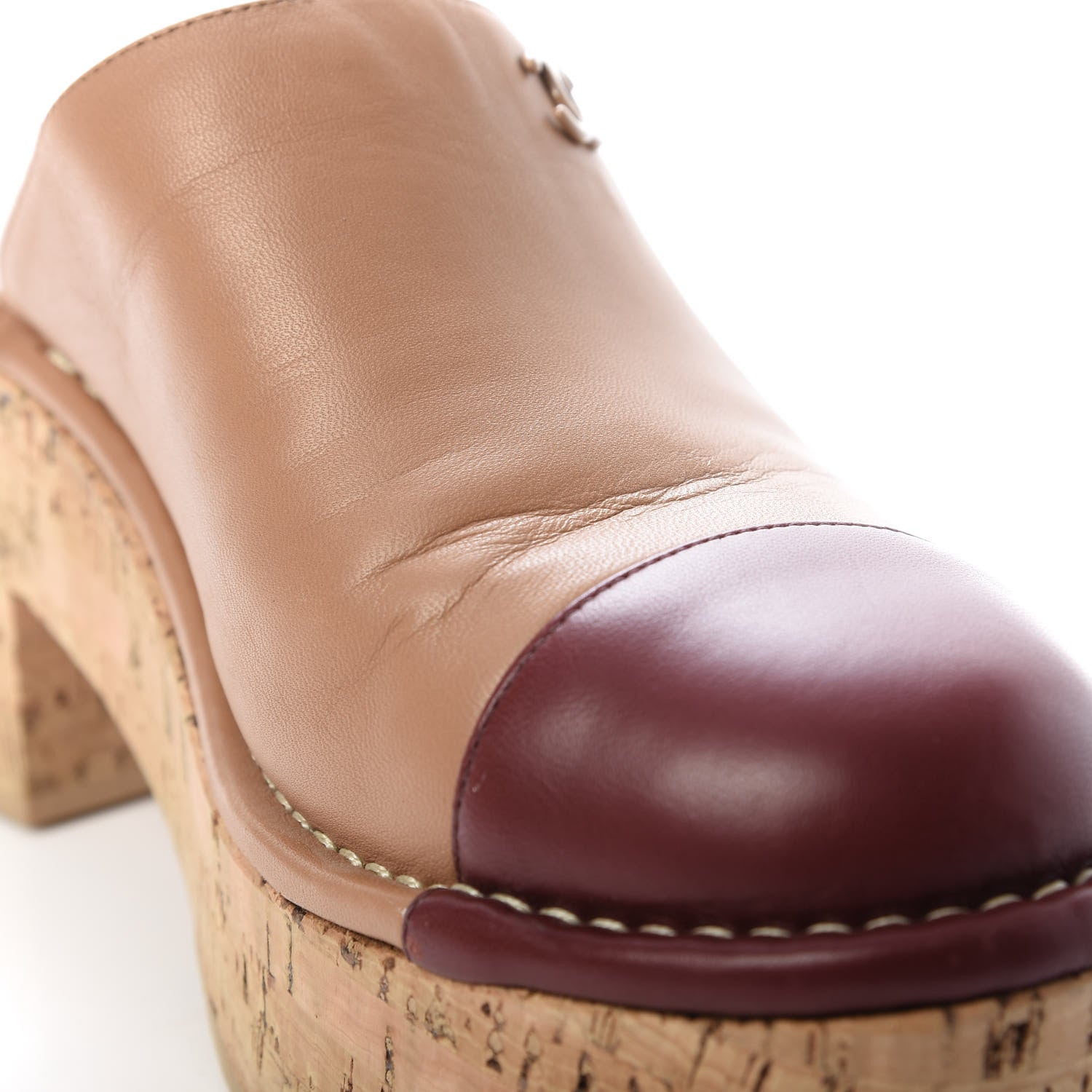 Chanel Calfskin Cork Cap Toe CC Clogs 41 Beige Burgundy 10 of 14