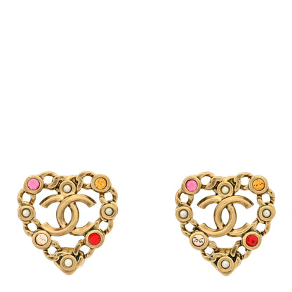 Chanel Pearl Crystal CC Heart Earrings Gold Multicolor 1 of 3