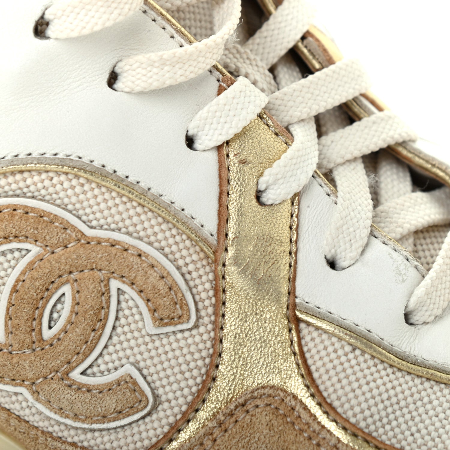Chanel Nylon Lambskin Suede Calfskin CC Sneakers 37.5 Brown White Gold 10 of 11