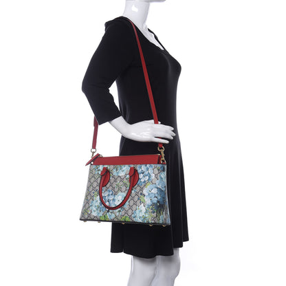 Gucci GG Supreme Monogram Blooms Medium Zip Top Tote Beige Blue Navy Hibiscus Red 2 of 10
