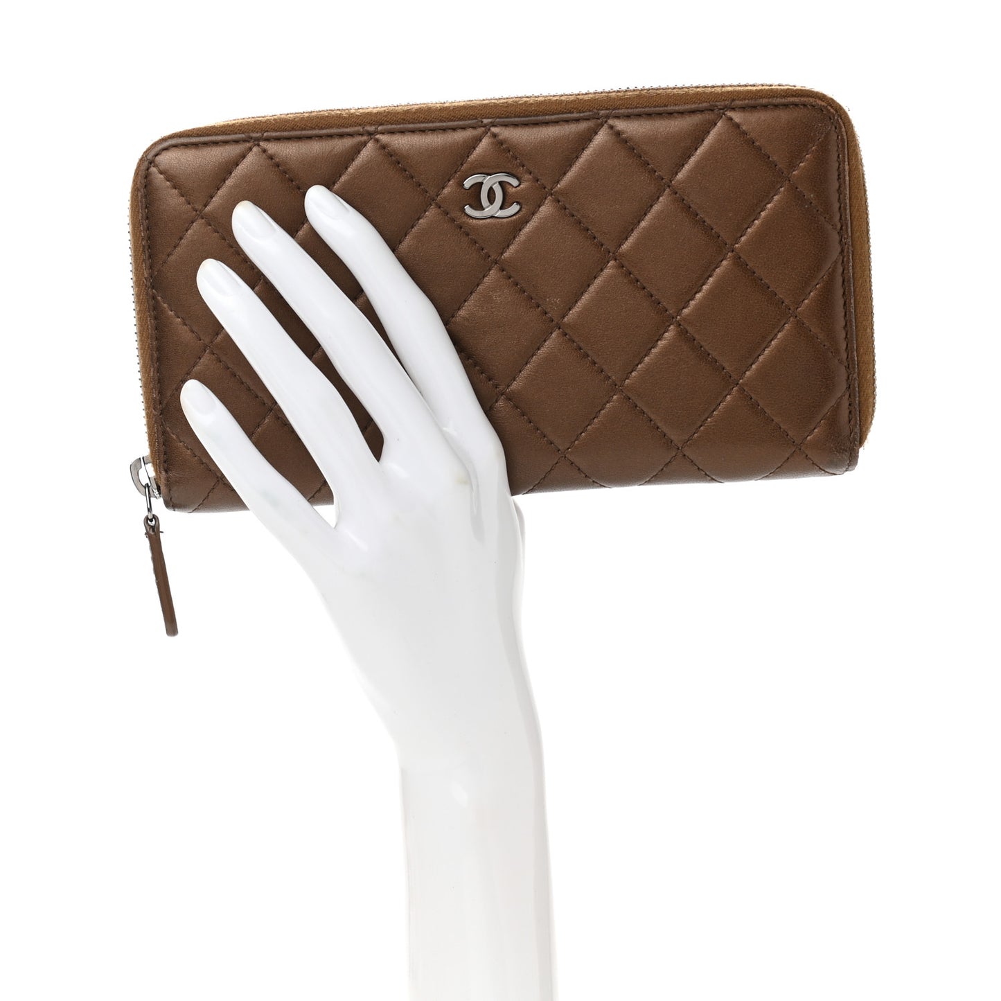Metallic Lambskin Quilted Large Gusset Zip Around Wallet Bronze