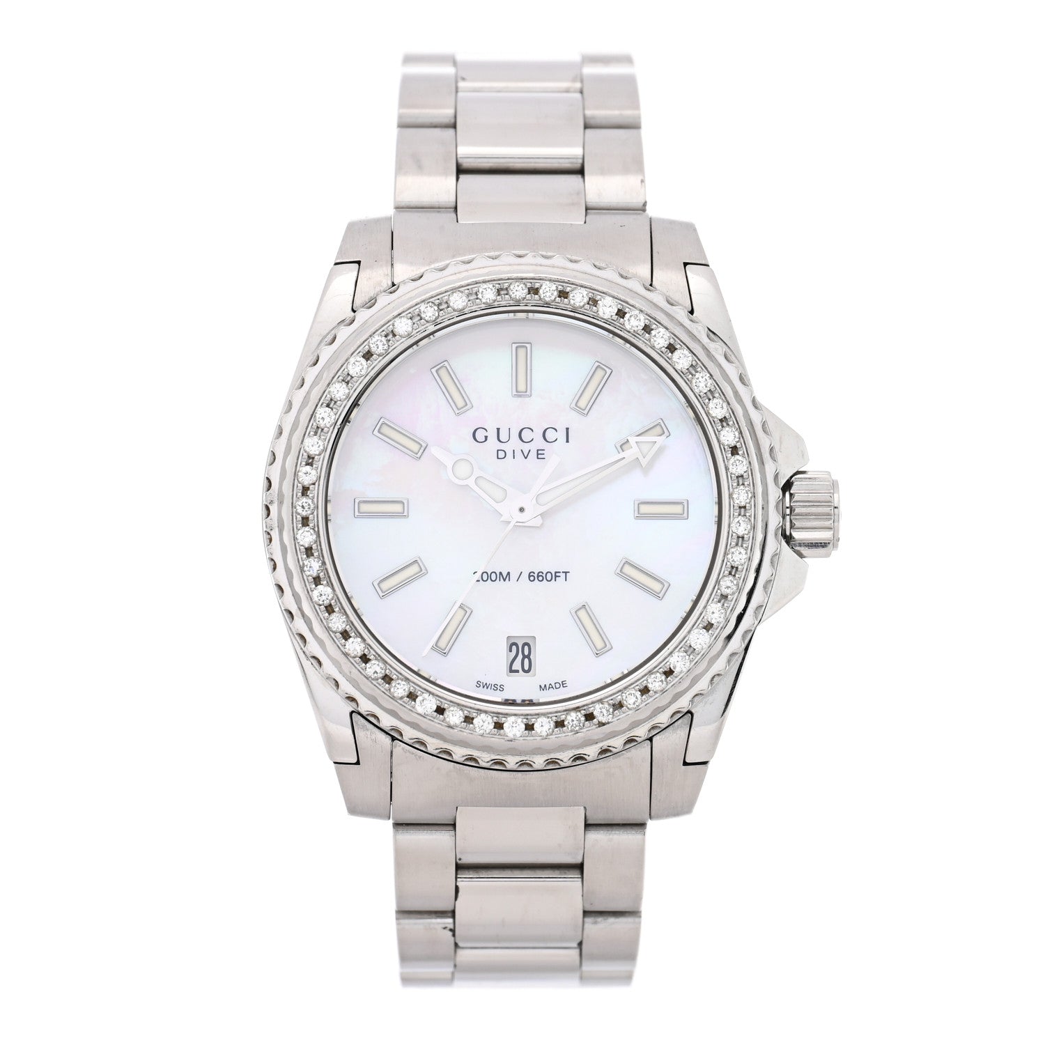 Gucci Stainless Steel Diamond Mother of Pearl 32mm Dive Quartz Watch 1 of 4
