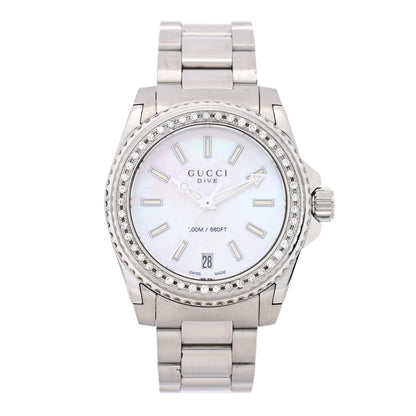 Gucci Stainless Steel Diamond Mother of Pearl 32mm Dive Quartz Watch 1 of 4