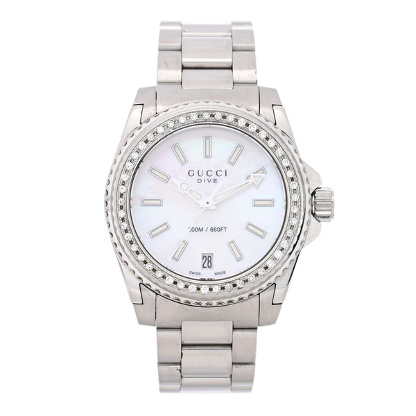 Gucci Stainless Steel Diamond Mother of Pearl 32mm Dive Quartz