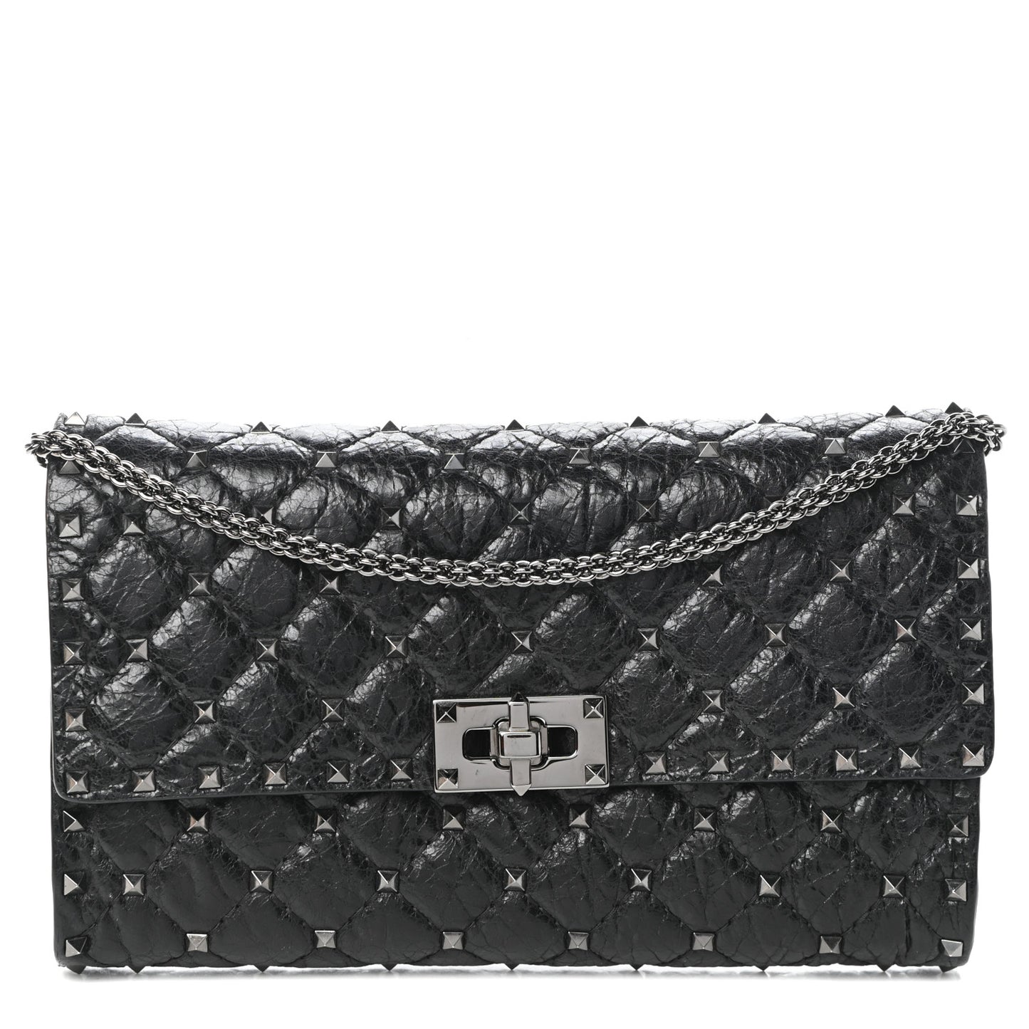 Craquele Nappa Rockstud Spike Wallet on Chain Black
