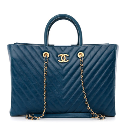 Chanel Aged Calfskin Chevron Large Coco Handle Shopping Tote Blue 1 of 16